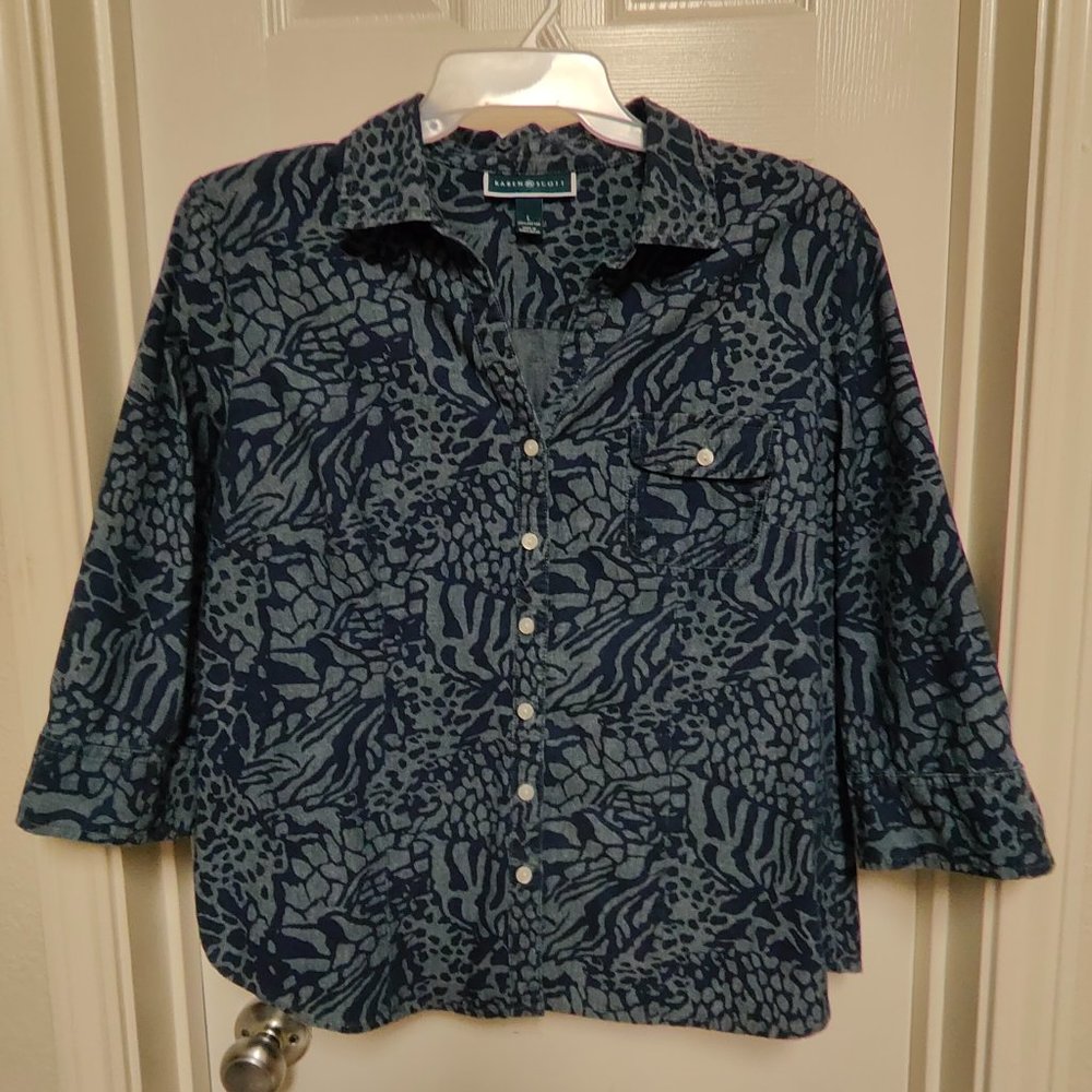 Karen Scott Women's Blue Animal Print Button- Down Blouse 3/4 Sleeves Size L